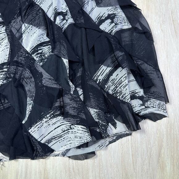 Ethyl Black Ivory Mesh Ruffle Abstract Monochrome Swirl Graphic Pattern Skirt 6 - Picture 3 of 12